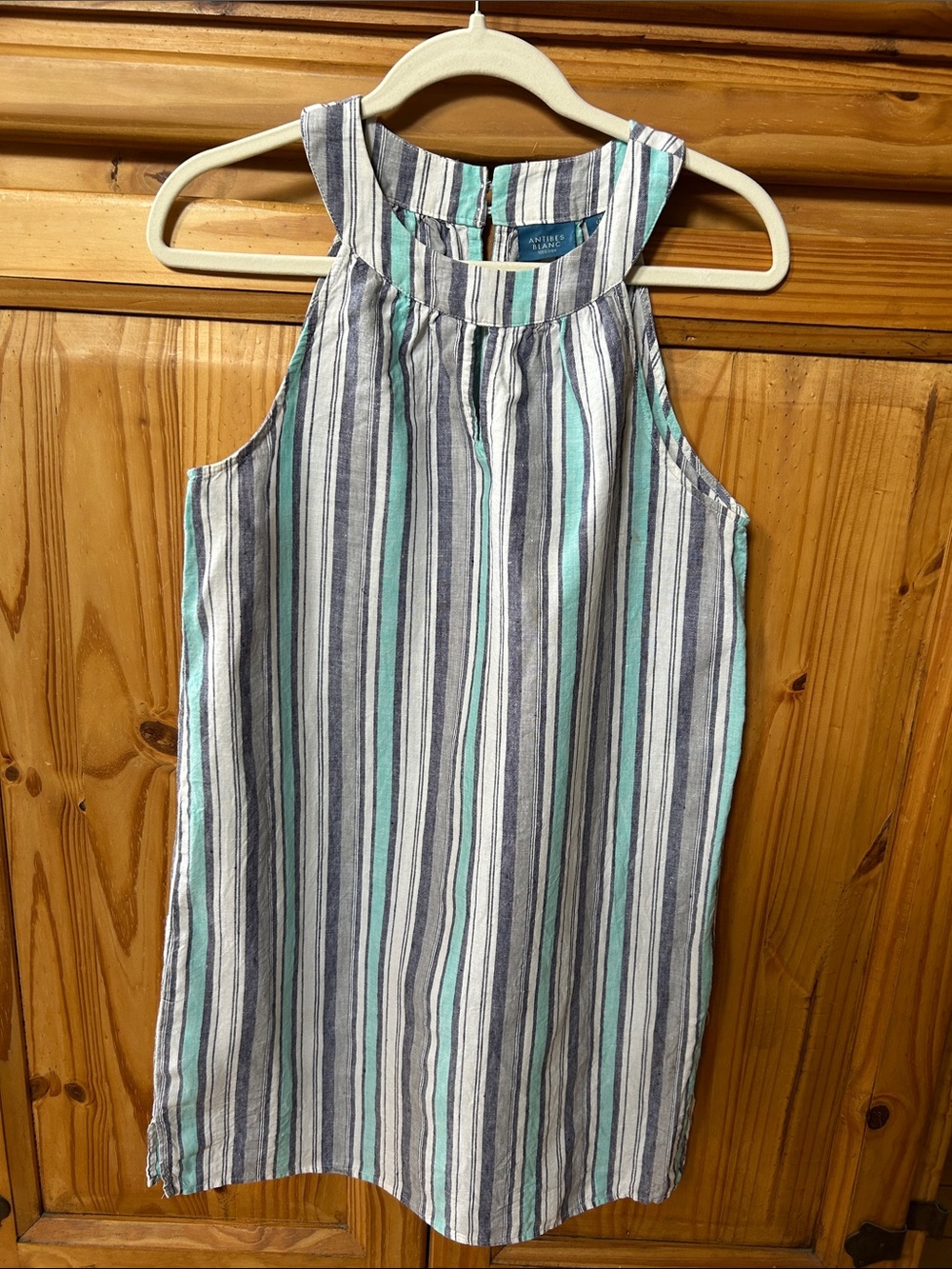 Anibes Blanc Linen Dress Striped Sleeveless Halter Aqua and Navy